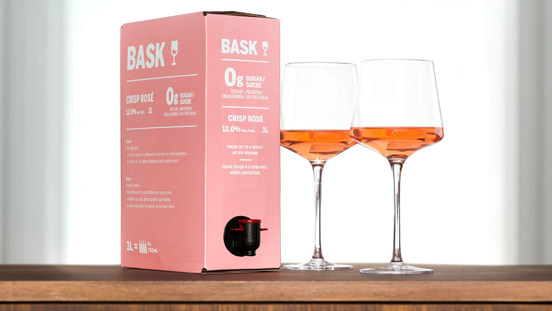 Bask Crisp 3L Rosé and 2 glasses of rosé.