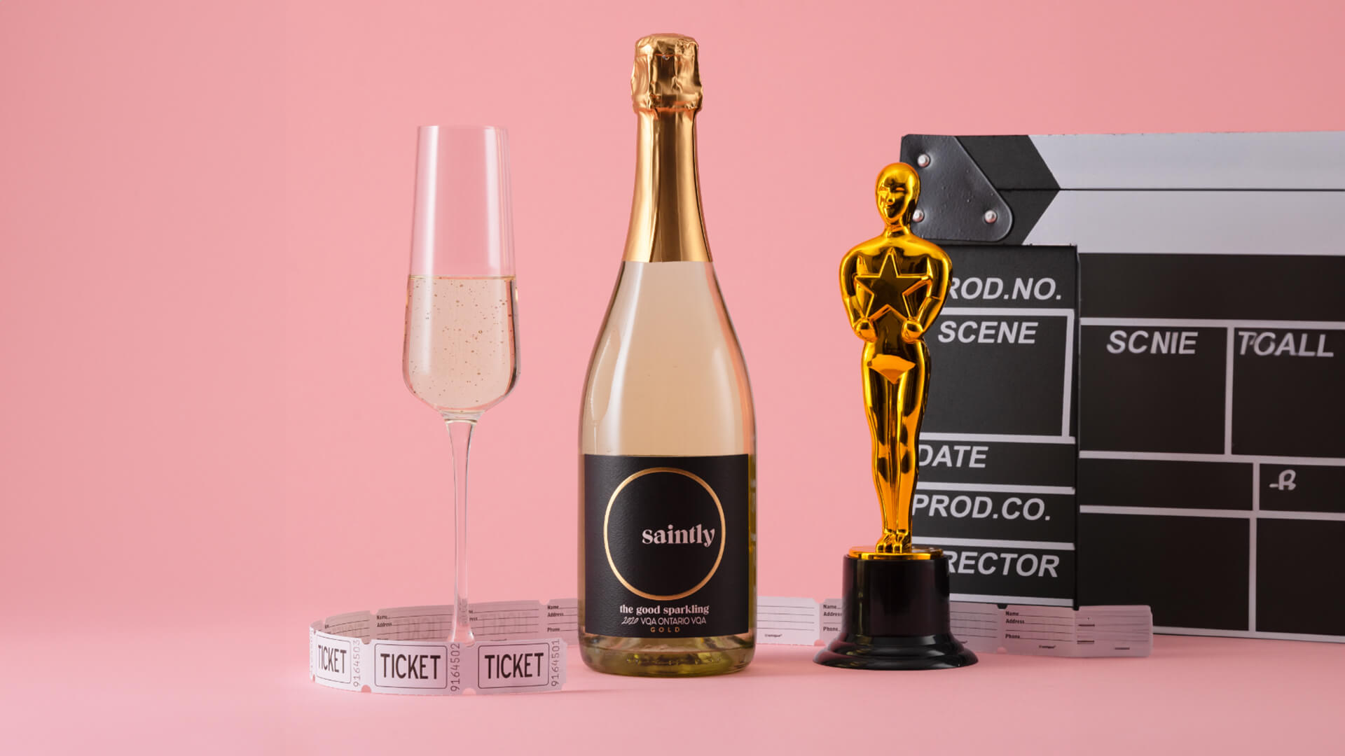 A bottle of Saintly the Good with an Oscar statue.