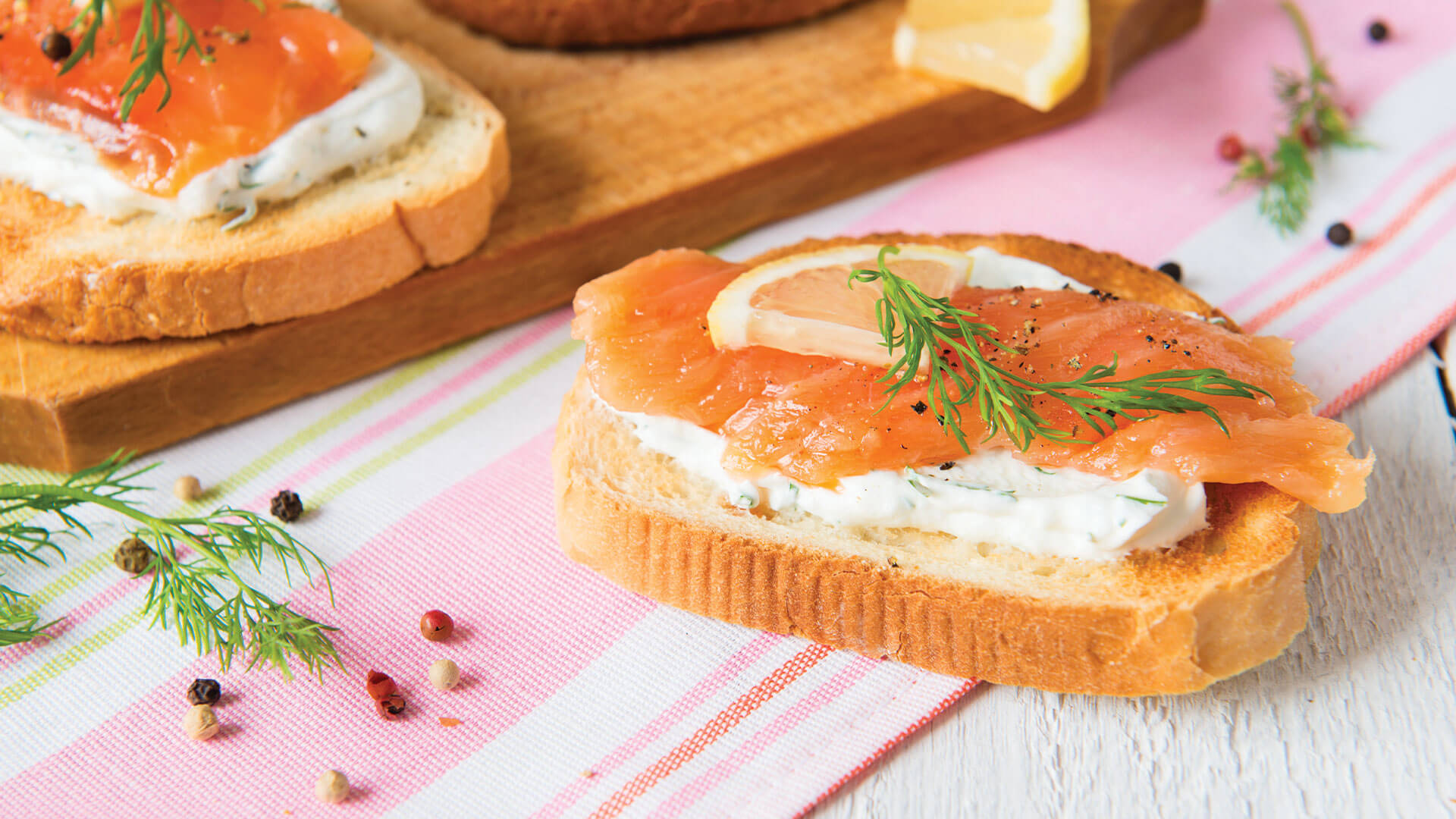 A perfect Rosé pairing of crostini with smoked salmon and cream cheese.