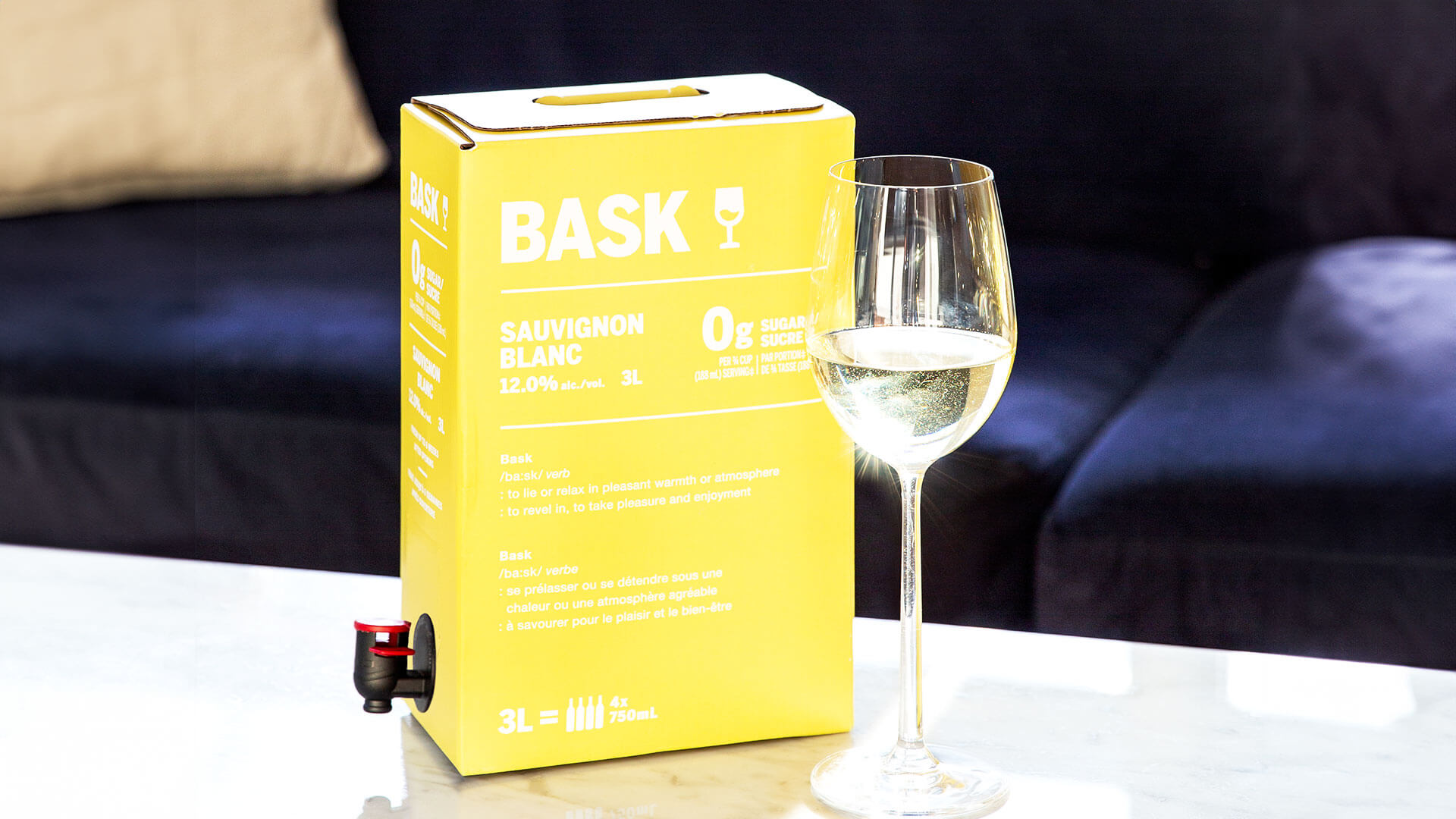 Bask Sauvignon Blanc 3L Box Wine and Glass of White Wine
